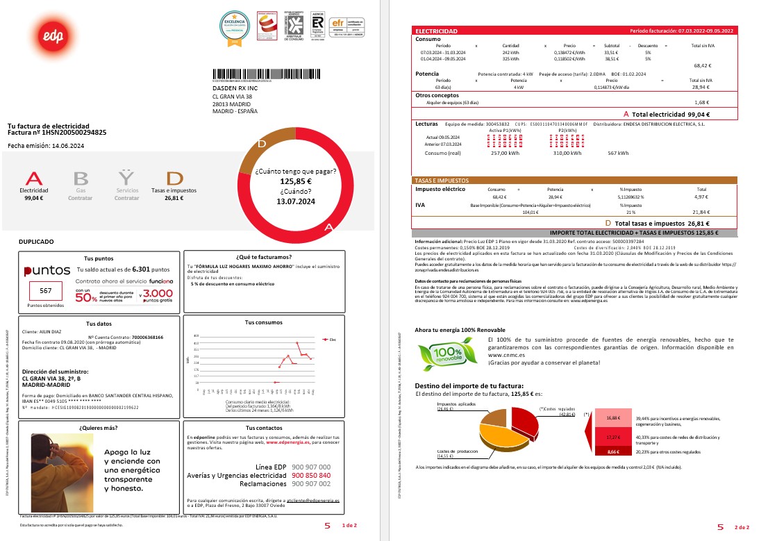 SPAIN EDP business utility bill template, version 2 PSD template